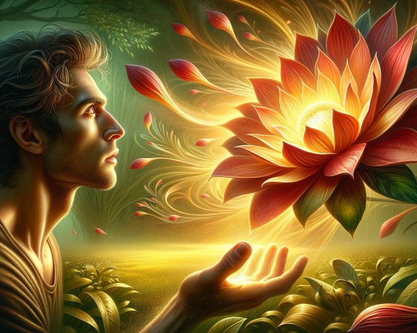 Man gazes at a glowing lotus flower in a forest