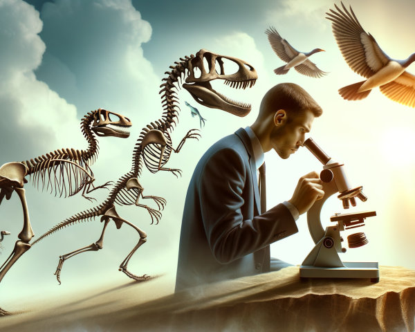 Man in Suit Examines Microscope with Dinosaurs Nearby