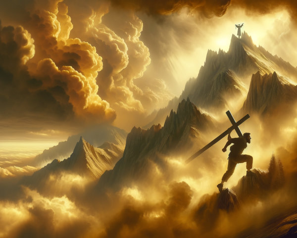 Dramatic Digital Artwork of Man with Wooden Cross Ascending