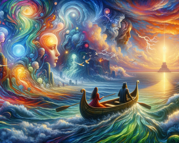 Surreal Scene of Figures in a Boat on Vibrant Waters