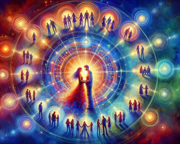 Cosmic Embrace with Colorful Patterns and Unity