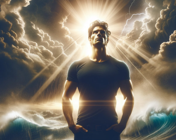 Powerful Figure Amidst Stormy Ocean Waves and Light