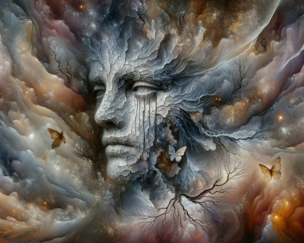 Surreal Face in Colorful Clouds with Nature Elements