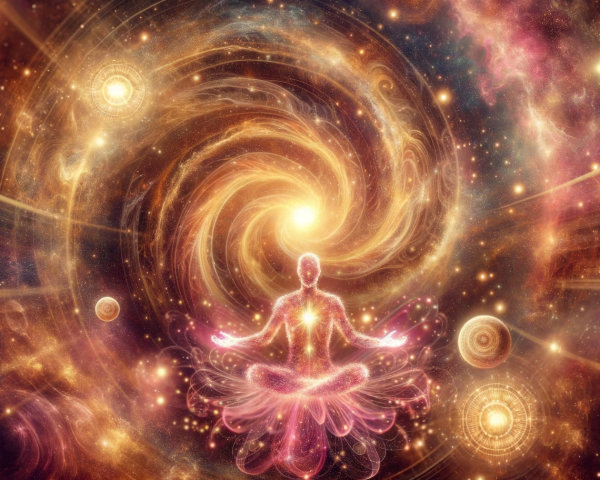 Meditative Figure in a Cosmic Landscape with Orbs