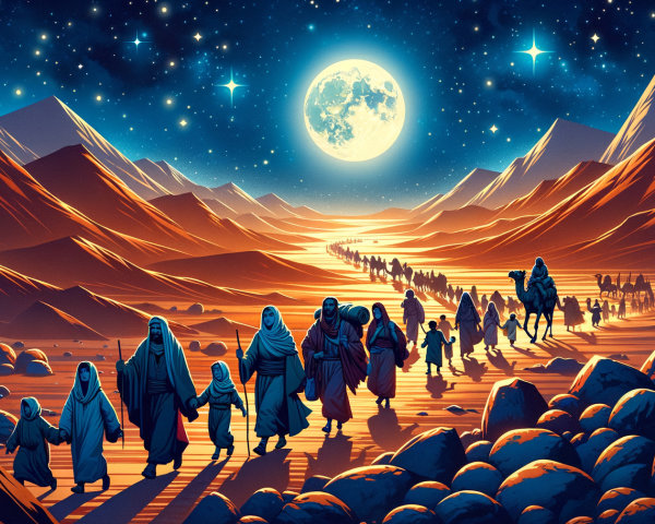 Desert Night Scene with People and Camels Under Stars