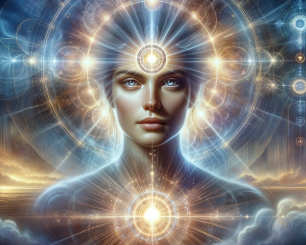Celestial Figure Surrounded by Cosmic Patterns and Light