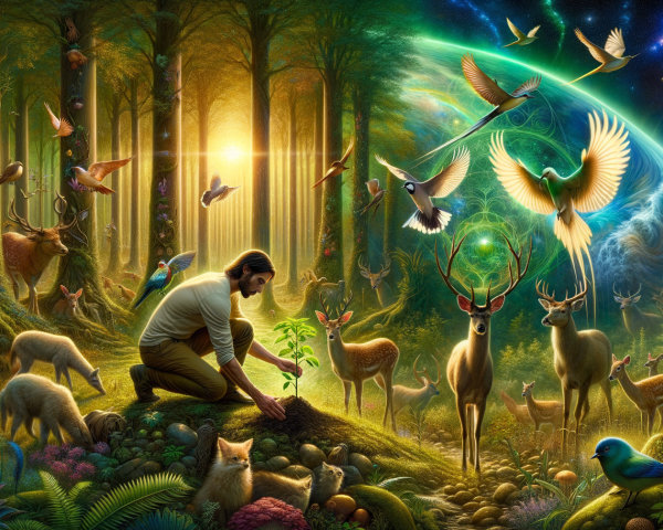 Forest Scene with Animals and Cosmic Elements