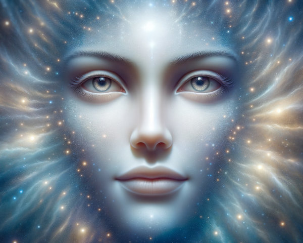 Ethereal Face in Cosmic Background with Glowing Aura