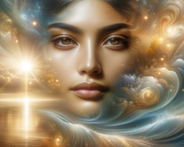 Portrait with Cosmic Elements and Serene Landscape