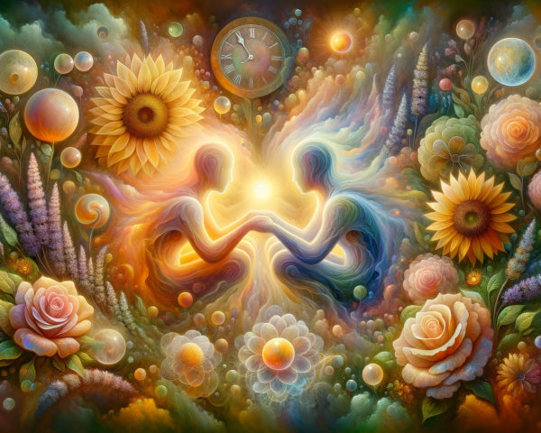 Entwined Figures in a Colorful Floral Dreamscape