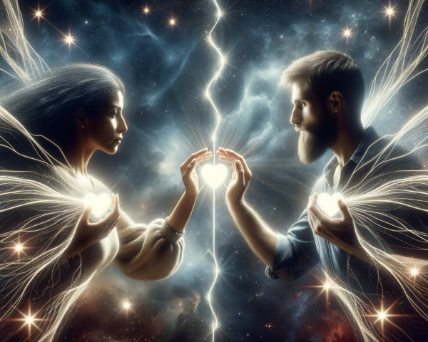 Cosmic Scene of Love with Glowing Hearts and Wings