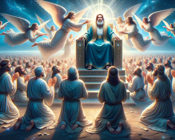 Jesus on Golden Throne Surrounded by Devotees and Angels