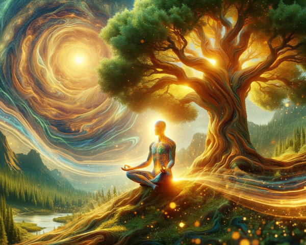 Meditative Figure Under a Cosmic Tree Scene