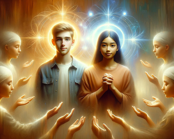 Young Couple Surrounded by Ethereal Angelic Figures