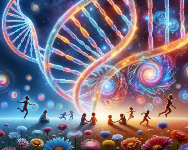 Cosmic Scene with Galaxies and DNA Among Flowers