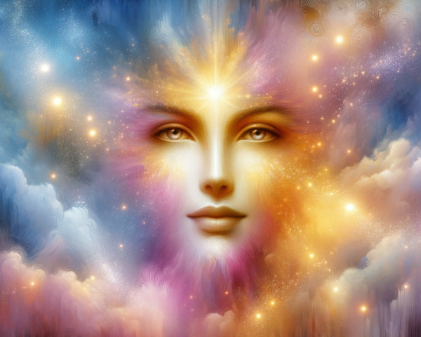 Surreal Portrait with Cosmic Background and Soft Clouds