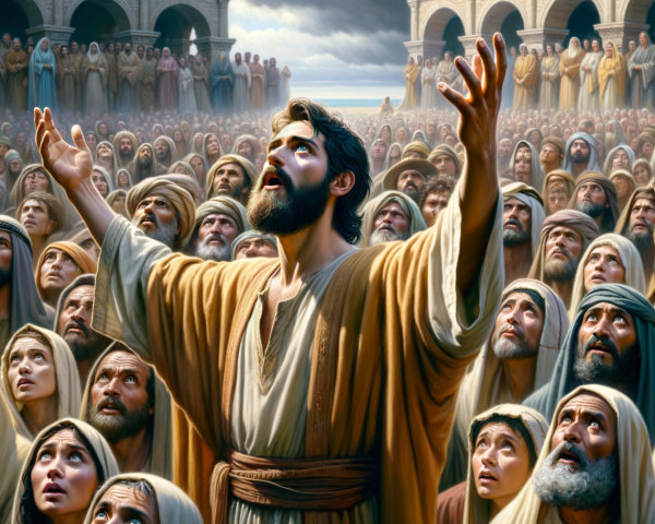 Biblical Crowd Scene with Central Devotional Figure