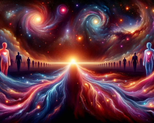 Cosmic Landscape with Galaxies and Symbolic Figures