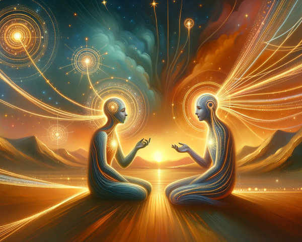 Ethereal Figures in Serene Sunset Landscape