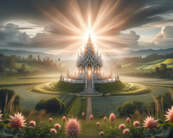 Majestic temple in lush landscape with vibrant flowers