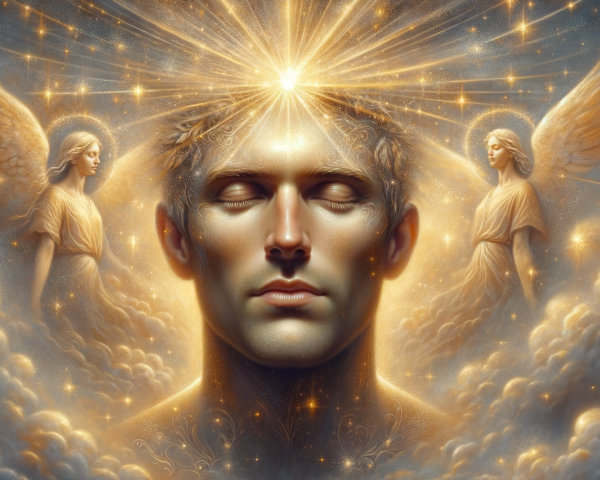 Serene man with golden light and ethereal angels