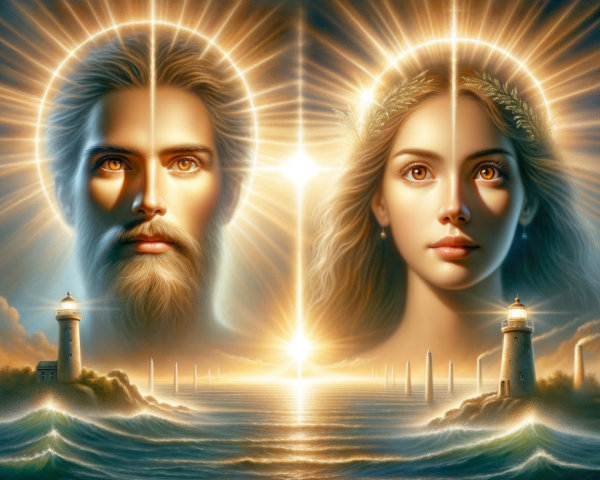Ethereal Figures with Halos in Serene Seascape