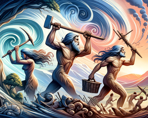 Ancient Figures in Dynamic Landscape with Tools and Weapons