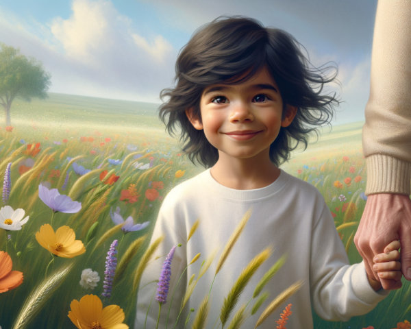 Child in Meadow with Wildflowers and Tree Background