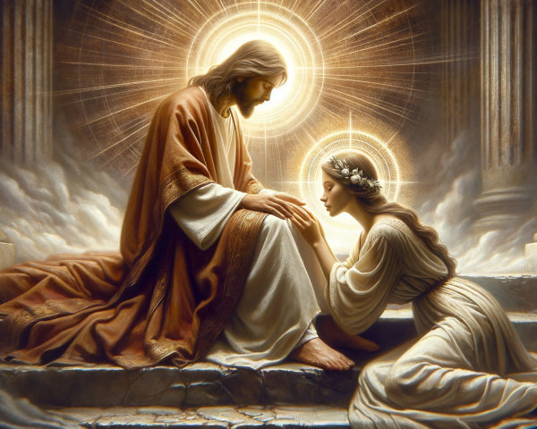 Jesus and Woman on Temple Steps in Mystical Setting
