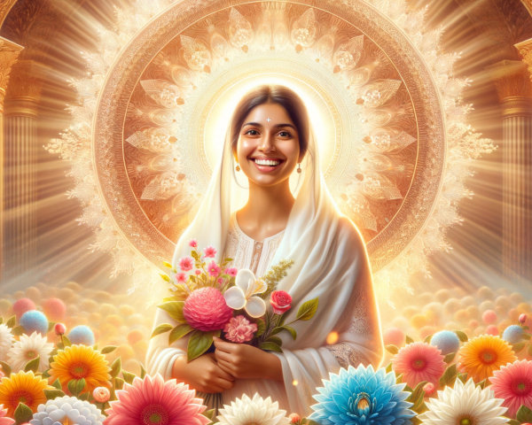 Radiant figure in white shawl with colorful flowers