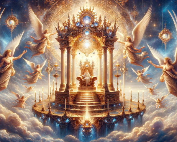 Divine Figure on Golden Throne Surrounded by Angels