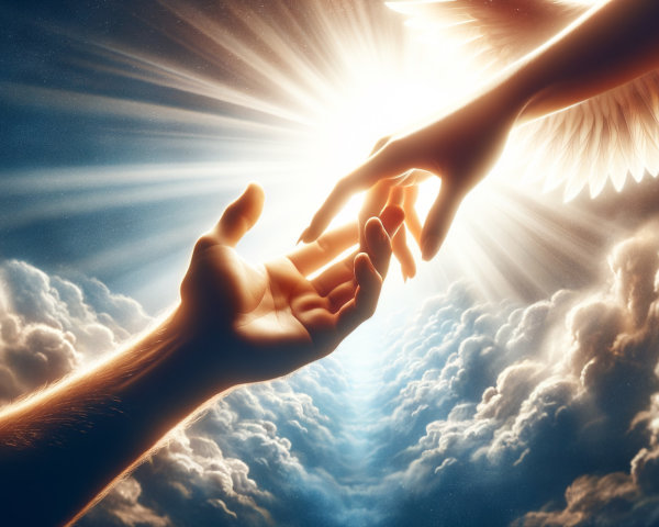Hands Reaching Across Clouds in Divine Light Scene