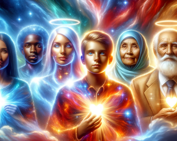 Diverse Group Holding Glowing Hearts in Cosmic Colors