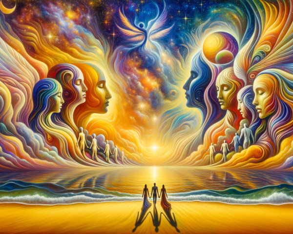 Surreal landscape with ethereal figures and sunset