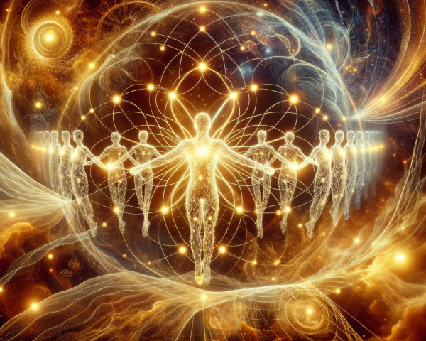 Ethereal Scene of Luminous Figures in Cosmic Harmony