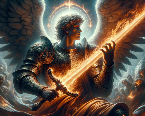 Angelic Figure in Golden Armor with Flaming Sword