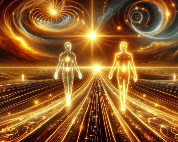 Luminous Figures Walking on a Golden Light Path