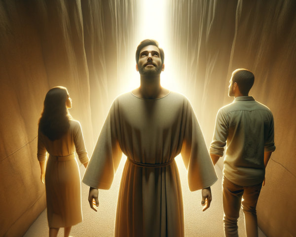 Illuminated Scene with Central Figure and Two Observers