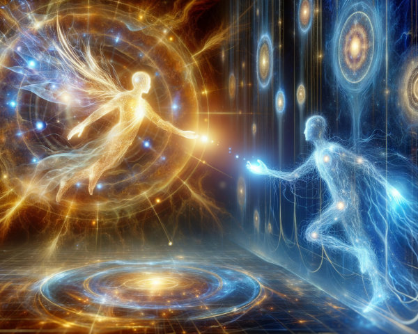 Cosmic Scene of Radiant Beings in Vibrant Colors