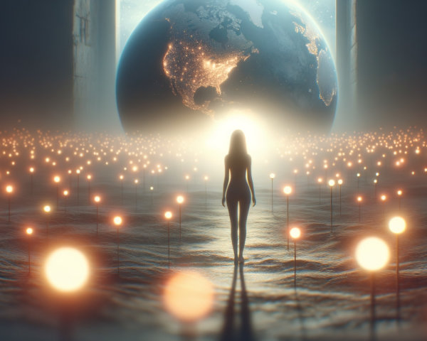 Silhouette Against Luminous Landscape and Earth