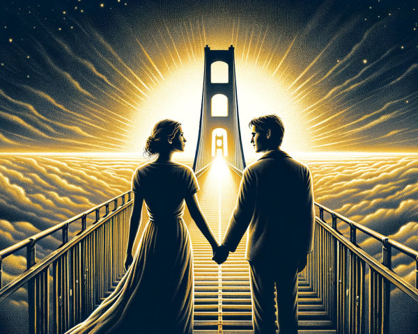 Couple on Bridge at Sunset with Golden Gate Background
