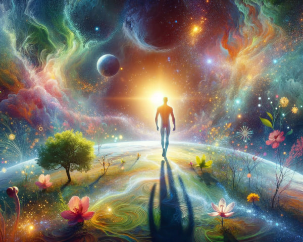 Lone Figure on Vibrant Flower-Covered Planet