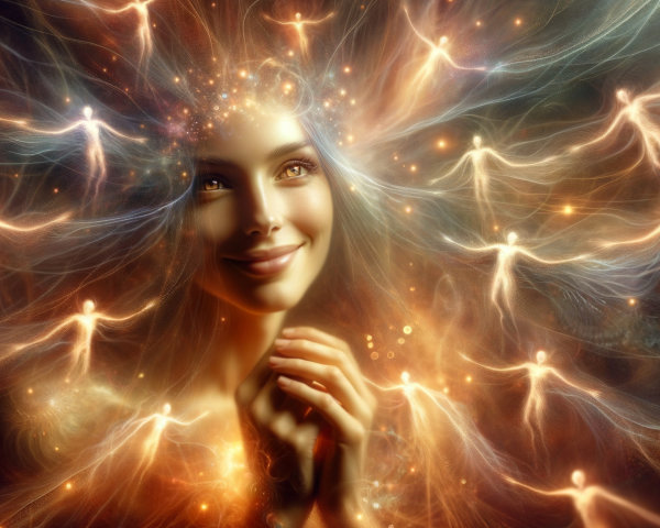 Serene Woman Surrounded by Ethereal Glowing Figures