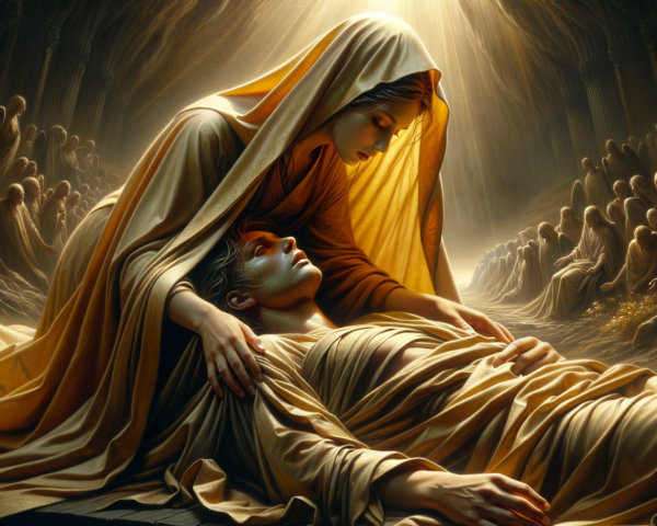 Serene Scene of Woman Cradling Lifeless Young Man