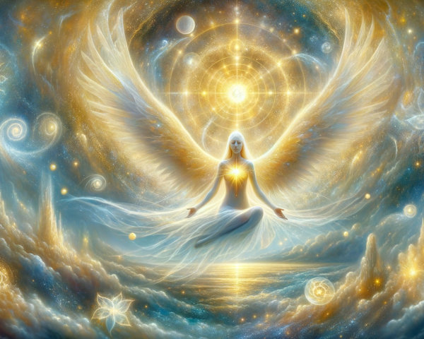 Angelic Figure in Cosmic Scene with Starbursts