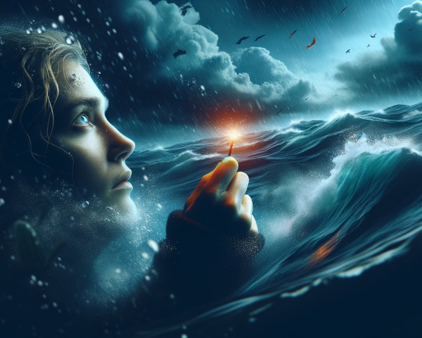 Young person in turbulent ocean with candlelight glow
