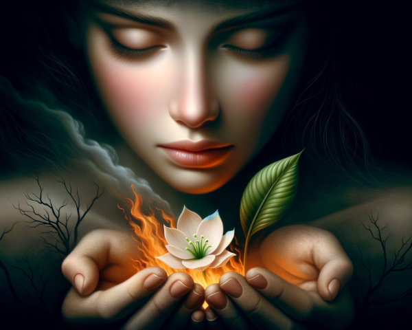 Tranquil Woman with Lotus Flower and Flames