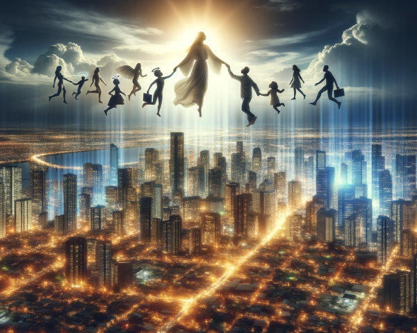 Aerial Night View of a City with Illuminated Figures