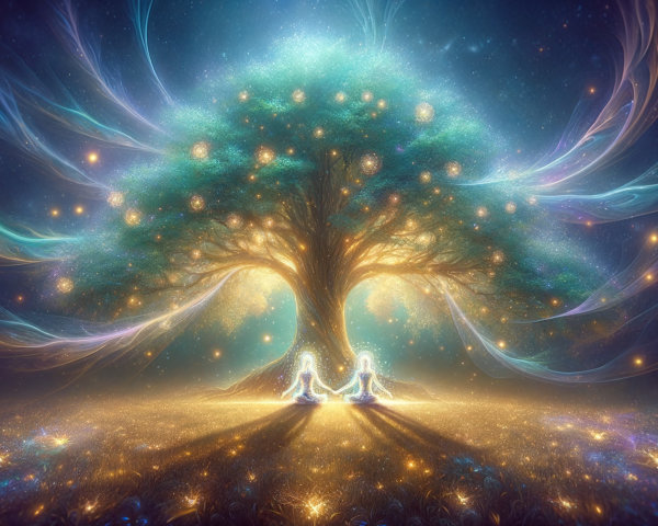 Mystical tree with glowing colors and meditating figures