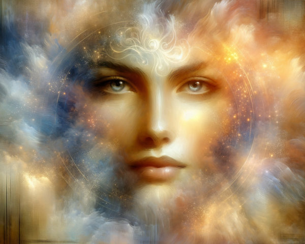Ethereal Woman Surrounded by Mystical Clouds and Starlight
